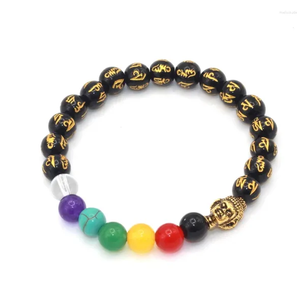 Strand Arrive Chakra Healing Bronzo antico Buddha Bead e Tibetian Om Mani Padme Hum Perline di ossidiana intagliata Bracciale da uomo