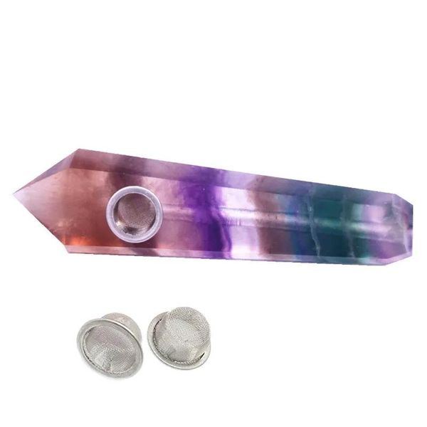 Artigianato Fluorite arcobaleno naturale bacchetta a punta singola scultura pipa in cristallo gemma naturale con 3 filtri metallici gratuiti