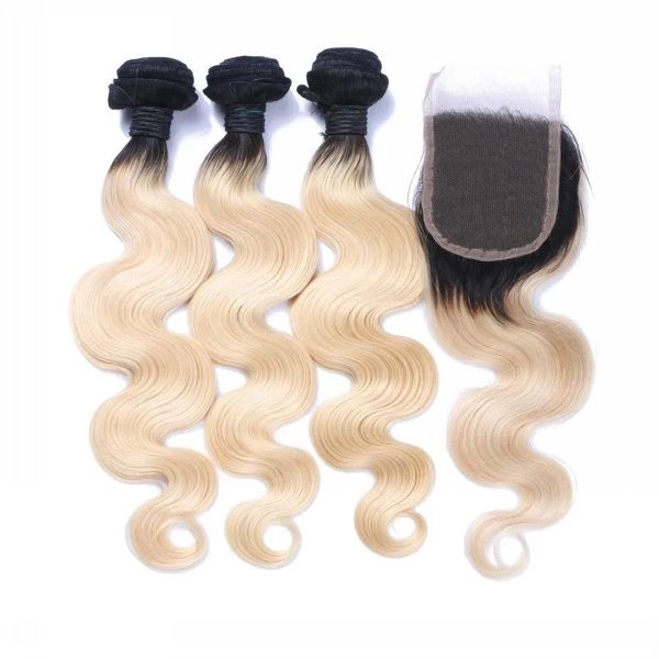 Trame Brasiliane 1B/613 Onda Del Corpo Bionda Ombre Capelli Umani Tesse 4 Bundle con Chiusura Centrale Libera 3 Parte Doppia Trama Capelli Umani Extensio