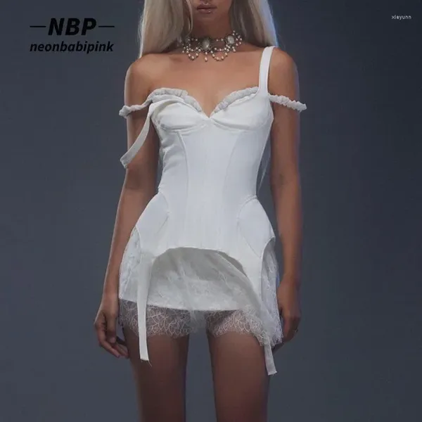 Vestidos de trabalho neonbabipink y2k bonito conjuntos de duas peças das mulheres roupas irregular espartilho topo e renda mini saia branco sexy clube N33-DC20