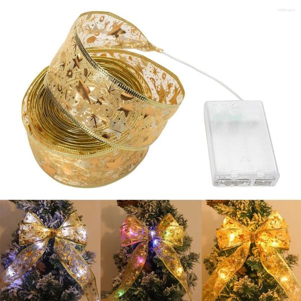 Cordas 4m 10m Árvore de Natal decorada com fita de ouro e prata Decoração de fadas DIY Bow String Lights 2024 Ano Atmosfera