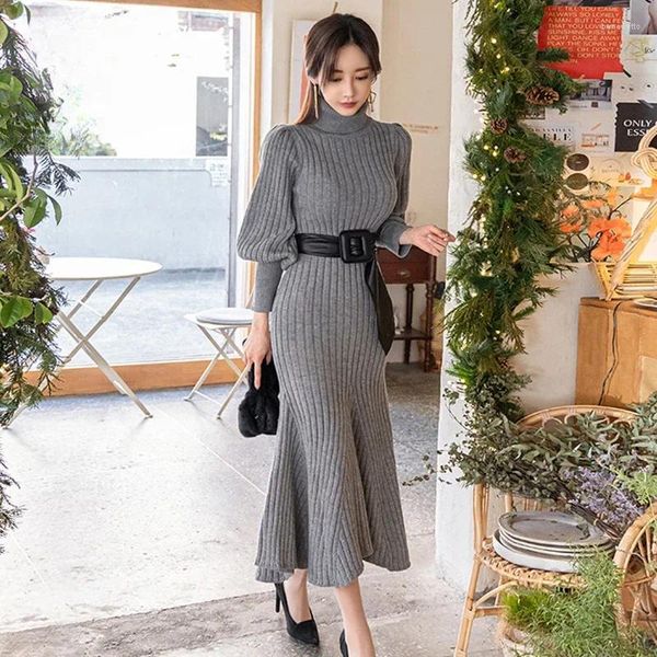 Lässige Kleider Mode Herbst und Winter 2024 Koreanischer Stil Hoher Kragen Slim Langarm Frenulum Jersey Dickes Midikleid Damen