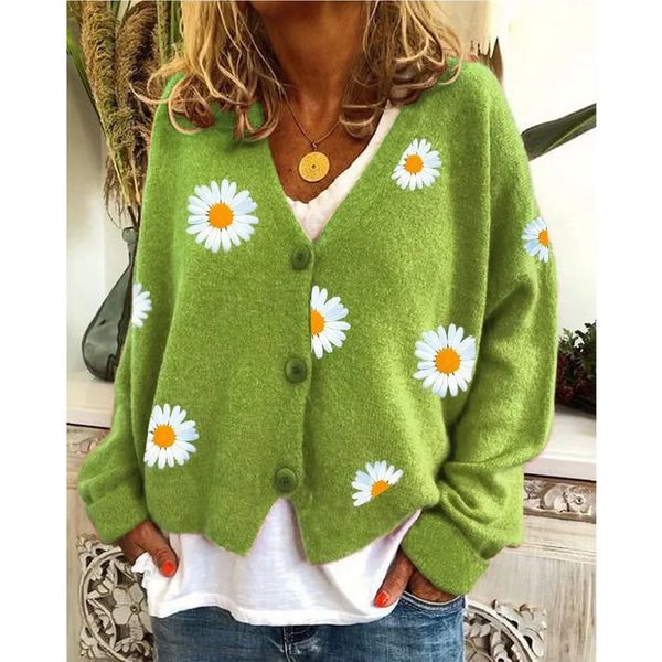 Cardigan bordado com margaridas crochê cardigan feminino camisola manga cheia vneck outono outwear padrão floral verde 240103