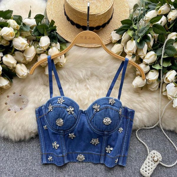 Tanques femininos picante menina flor incorporação diamante denim suspenso camis para mulheres outwear de verão com almofada no peito aberto volta topo