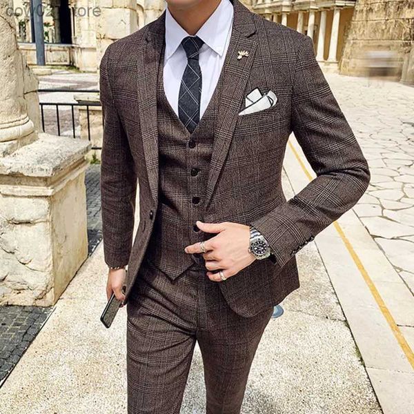 Erkekler Suits Blazers (Ceketler + Yelek + Pant) Erkekler Damat Gelinlik Ekose resmi takım elbise set yüksek kaliteli erkekler moda gündelik iş kıyafeti üç parçalı q230103