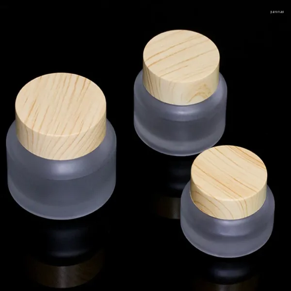 Frascos de armazenamento 500 pçs/lote 15g 30g 50g frascos para cremes cosméticos pode definir grão de madeira vazio vidro fosco portátil caixa de creme recipiente f408