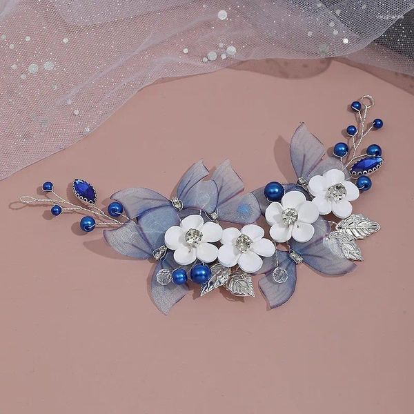 Haarspangen, handgefertigt, weiße Blumen-Haarnadeln, seitliche blaue Schmetterlings-Designs, chinesischer Stil, Fransenschmuck, Damen- und Mädchen-Party-Kopfbedeckung