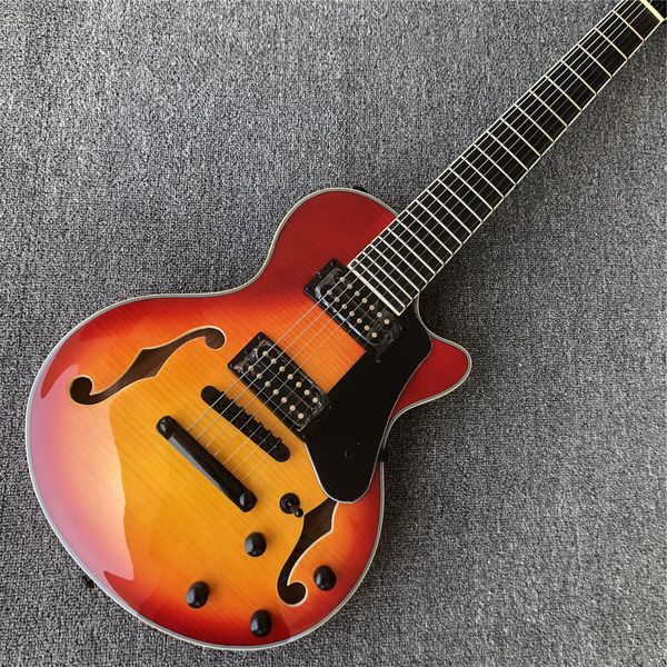 Grote 7-saitige Sunburst Flame Maple Semi Hollow Body E-Gitarre mit Lock-Mechaniken