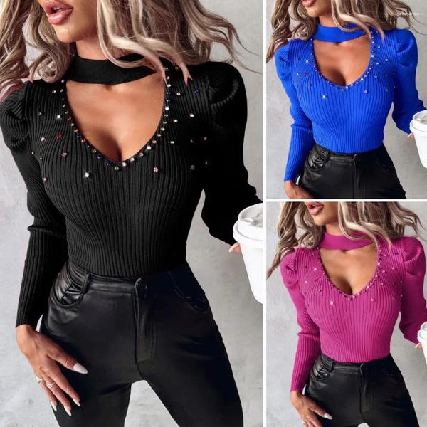 Blusas femininas estilo de deslocamento camisa oca com decote em v topos elegantes strass cravejado malhas camisola ajuste fino