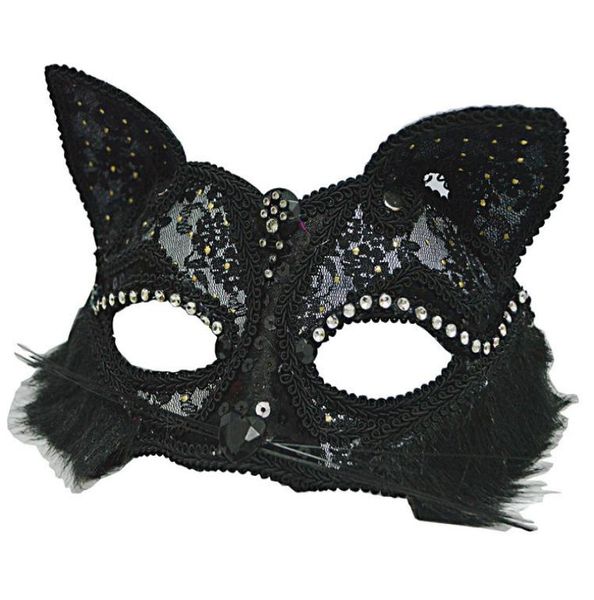 Maschera per travestimento veneziano Women039s Maschera per occhi in pizzo di gatto fantasia nera sexy glitterata Maschera per occhi in pizzo di gatto di Halloween HJ1203688436