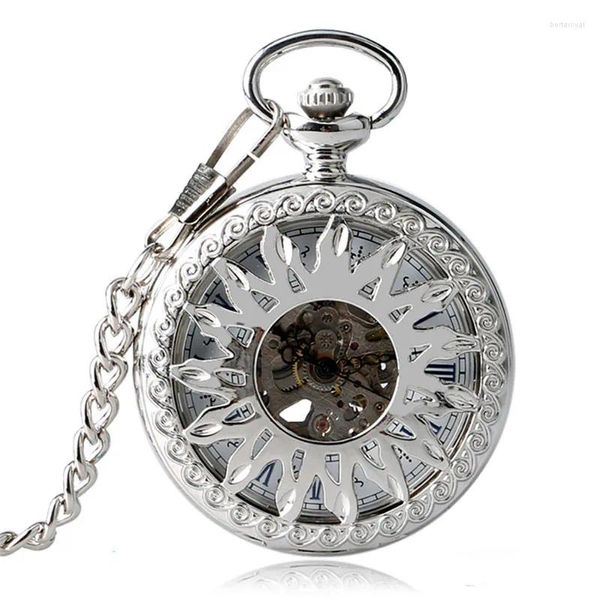 Orologi da tasca Orologio scheletro in argento Uomo Donna Orologio meccanico automatico Hollow Sun Flower Catena con ciondolo con numeri romani Relogio De Bolso