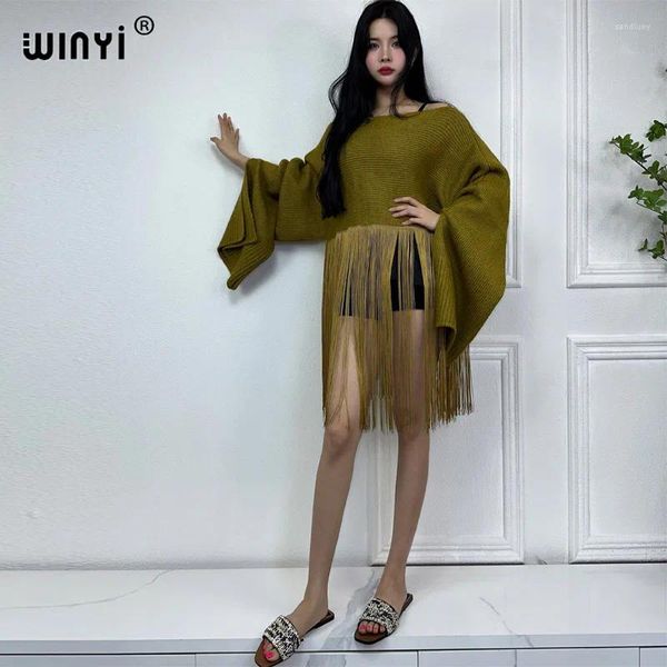 Vestidos casuais winyi 2024 conforto quente moda relógio vestido de festa elegante África férias roupas de inverno mulheres tricô borla jaqueta poncho