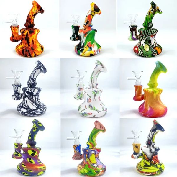 Tubo de silicone bongs impressão dos desenhos animados mini hookah rigs pepinos bong com tigela de vidro água multi cor dab rigs zz