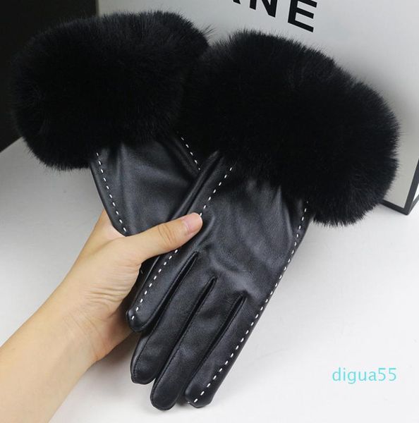 Дизайнерские модные перчатки из искусственной кожи с кроличьим мехом, женские варежки с сенсорным экраном, женские варежки высокого качества, черные теплые перчатки для вождения5981440