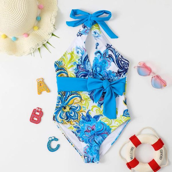 Costume da bagno da donna per bambina Stampa Costume intero per bambini Halter Top Costume da bagno per bambini da 2 a 12 anni Cintura con fiocco Abbigliamento da spiaggia estivo