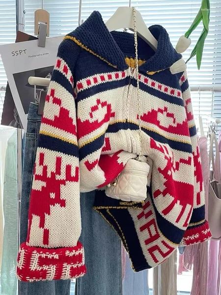 Tricots pour femmes noël rouge pull avec fermeture à glissière manteau automne et printemps tricoté Cardigan tricots pour les femmes