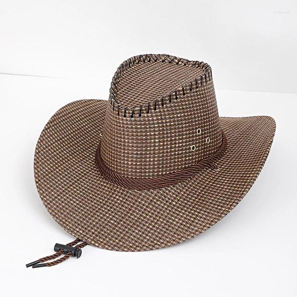 Berets feminino sólido chapéu de palha masculino estilo ocidental cowboy com corda larga curvada borda queixo cinta praia guarda-sol