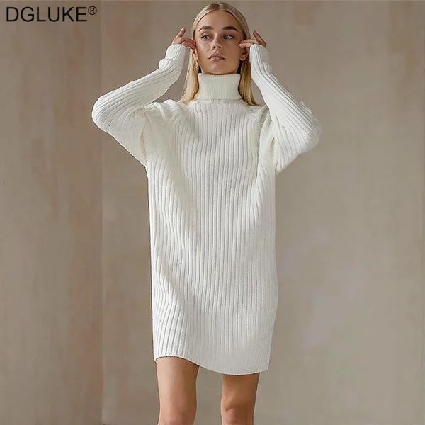 Weiße Rollkragen-Strickkleider für Damen, Winter, Herbst, übergroßes Pulloverkleid, modisches Langarm-Minikleid, lässige Strickwaren 240103