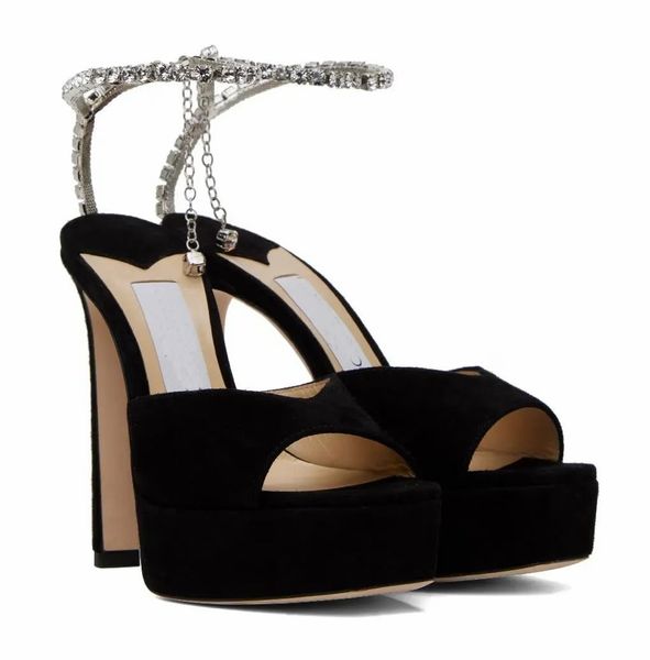Moda Gelin Düğün Saeda Sandalet Ayakkabı Ünlü Tasarımcı Kadınlar Açık Ayak Tip Platformu Stiletto Topuk Kristal Zincir Pompalar Beyaz, Pembe, Siyah Sandalyas EU35-43