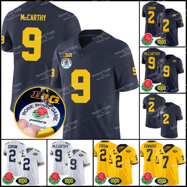 Michigan Football 2 Blake Corum 9 JJ McCarthy Jersey Donovan Edwards 97 Aidan Hutchinson 10 Tom Brady Henderson Tuttle 1000 Wins Rose Bowl Patch Custom