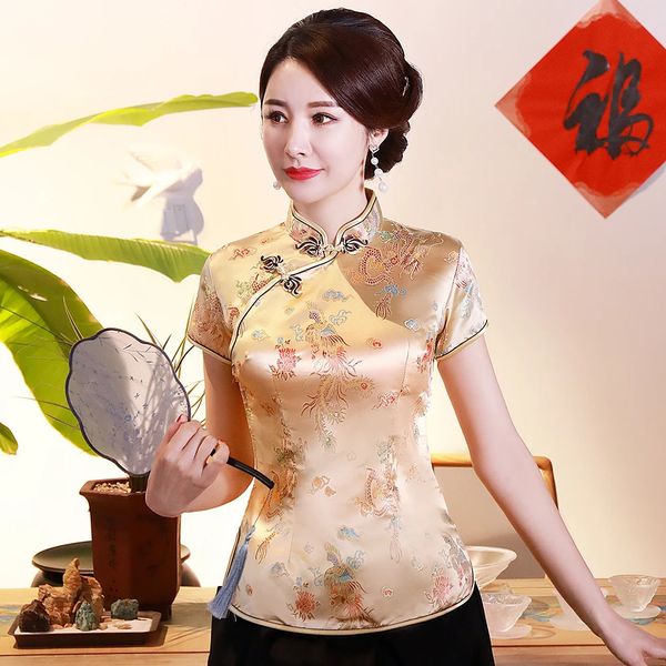 Oversize 3XL 4XL Frauen Satin Hemd Sommer Vintage Chinesischen Stil Bluse Drachen Weibliche Hochzeit Kleidung Traditionelle Klassische Tops 240102