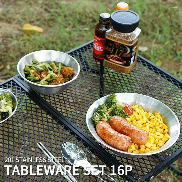Pratos ao ar livre de aço inoxidável placa de jantar tigela 16 peças conjunto acampamento talheres auto-condução tour portátil churrasco