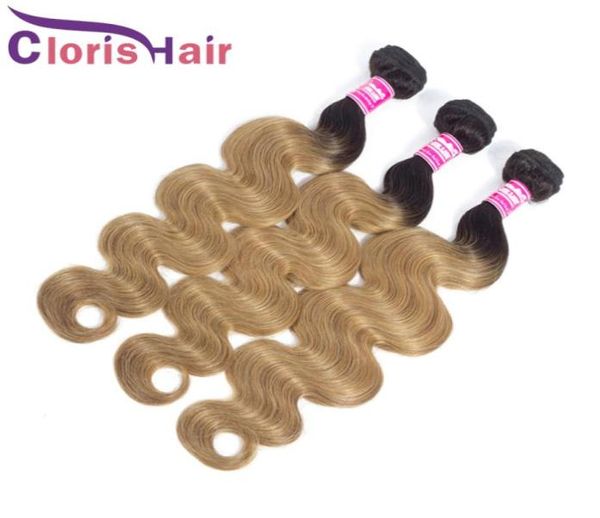 Colorido Mel Loira Extensões de Cabelo Humano Raw Virgem Indiano Onda Do Corpo Pacotes 3 Pcs Barato 1B 27 Dois Tons Loira Ondulado Ombre Tece 4079799