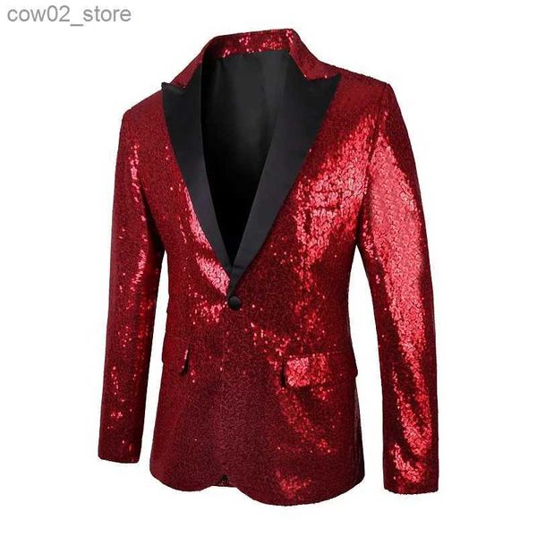 Herrenanzüge Blazer Herren Glänzende rote Pailletten Blazer Anzugjacke 70er Jahre Disco Glitzer Party Blazer Männer Weihnachten Mardi Gras Halloween Show Come Homme Q230103