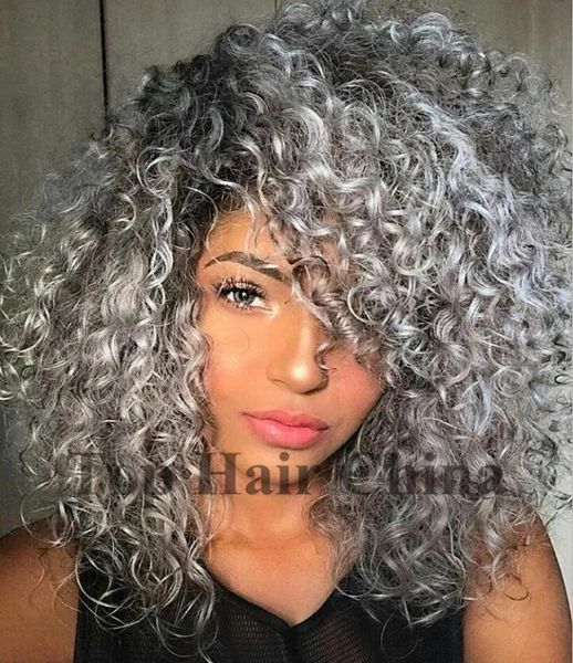 Parrucche Top Hair Cina Ombre Parrucche grigie Parrucche corte ricci resistenti al calore per afroamericani Donna nera Spedizione gratuita