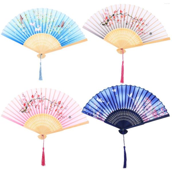 Estatuetas decorativas 4 peças ventilador dobrável chinês antigo mão oriental elegante flor portátil colorida