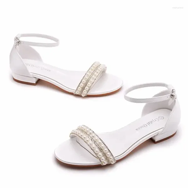 Sandalen Damen Mode Alias String Bead Seide 2CM Flache Absätze Schnalle Riemen Perle Damenschuhe Lässig Weiß Modern