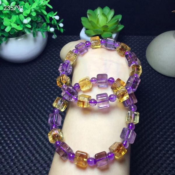 Bracciale con perline di cristallo viola giallo ametrino naturale Bracciale con perline di cristallo 8mm con ametista citrino trasparente con perline cubiche Bracciale elasticizzato AAAAA