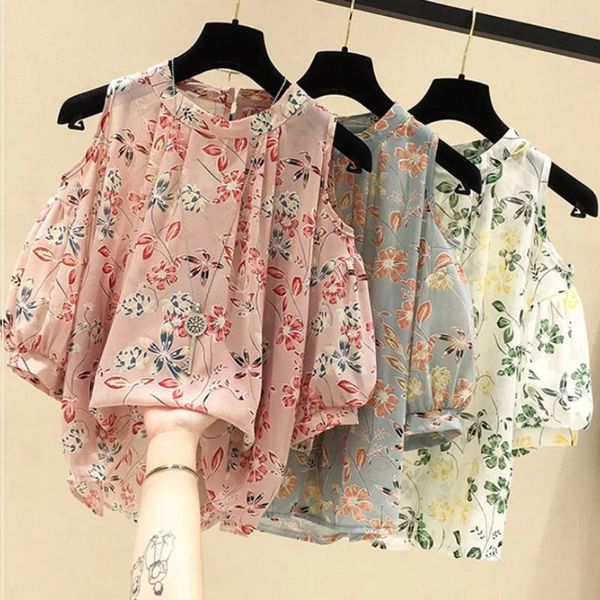 Blusas femininas moda floral impressão chiffon o-pescoço ombro frio topos feminino elegante casual senhoras elegantes camisas de alta qualidade