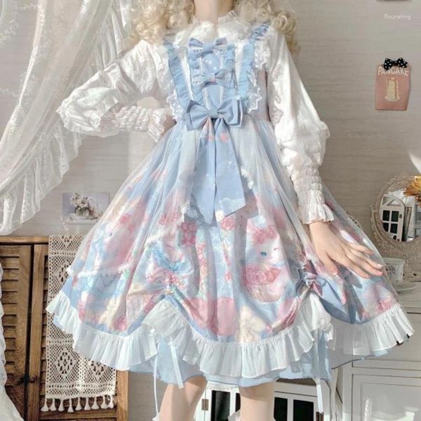 Vestidos Casuais Verão Japonês Lolita Estilo JSK Vestido Doce Grande Trailing Straped Feminino Bow Lace Ruffles Kawaii para Mulheres