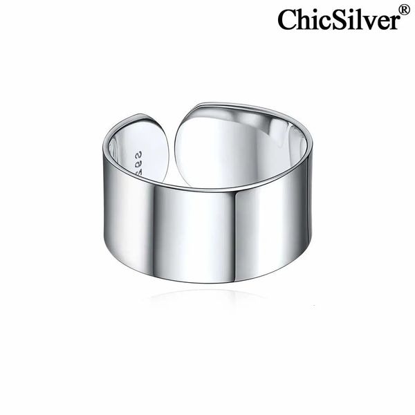 Chicsilver Özelleştirilebilir 925 STERLING Gümüş Yüzük Kadınlar Erkekler Yüksek Cilalı Fırçalı Düz ​​Kubbe Ayarlanabilir Geniş Kumba Bandı 240103