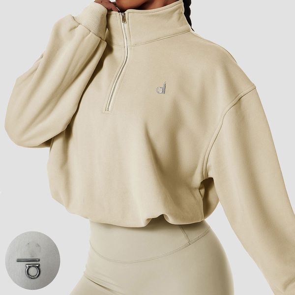 AL186 Metal Logo Yoga Yüksek Yaka Kadınlar Artı Kadife Kalınlaştırma Ceketleri Hoodies Spor Yarım fermuarlı Terry Tasarımcıları Tatlı Gevşek Kısa Giysiler