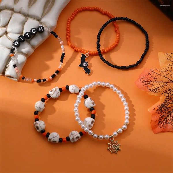 Strang 5/6 Stücke Cartoon Niedlichen Kürbis Anhänger Armband Für Mädchen Orange Lila Perlen Imitation Perle Set Halloween Schmuck Dekor