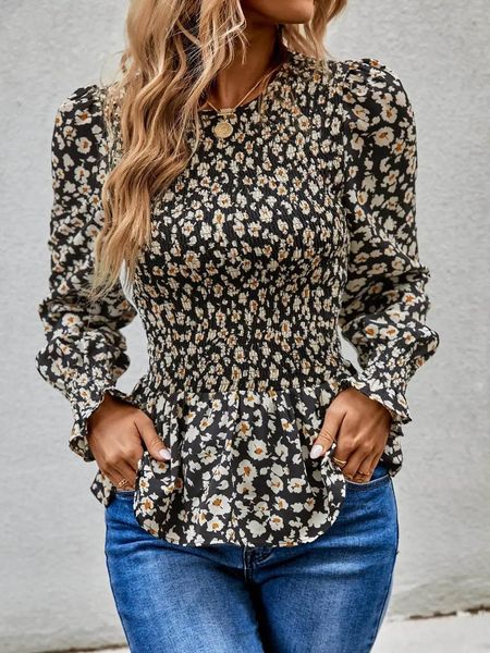 Kadınlar bluzlar bayanlar rahat ince fit üstleri boho çiçek basılı kadınlar için basılmış o boyun boyunlu uzun kollu tunik gömlekler Blusas feminina