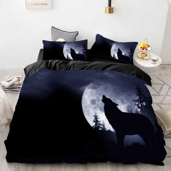 set Set biancheria da letto con stampa 3D personalizzato, set copripiumino King/Europa/USA, set piumino/trapunta/coperta, biancheria da letto con lupo al chiaro di luna per animali