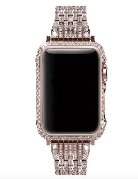 Strass cristal diamante metal moldura capa caso com luxo cristal strass relógio banda conjunto para apple assistir série 4 44mm 40mm7923149