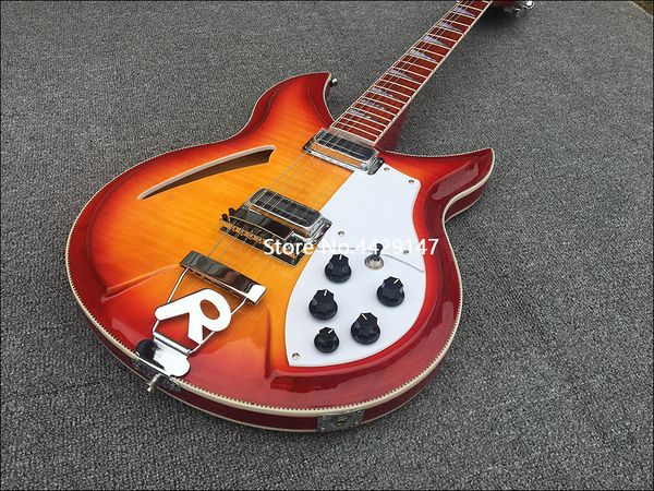 Backer 12 Corde 381 Acero Fiammato Top Back Archtop Cherry Sunburst Chitarra Elettrica Corpo Semi Cavo Laccato Lucido Tastiera Triangolo Intarsio di Perle Manico a Sandwich