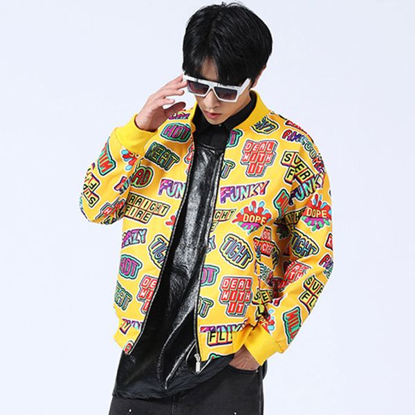 Amarelo impresso carta jaqueta de couro de beisebol graffiti zíper hip-hop casaco casual masculino dançarino cantor desempenho palco jaquetas de rua alta traje