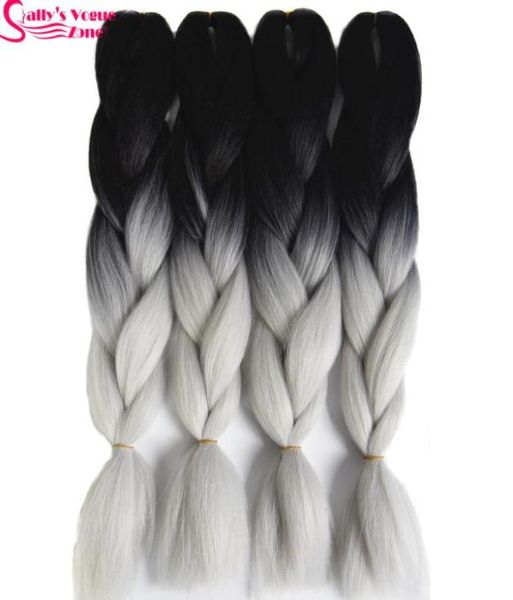 Bütün yüksek sıcaklık fiber sentetik saç uzantısı ombre örgü saç 2 ton siyah gümüş gri renk Sallyhair 24inch jum6229844