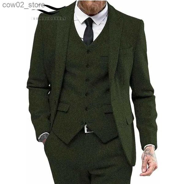 Herrenanzüge, Blazer, Herren-Geschäftsanzug, 3-teilig, Tweed, Fischgrätenmuster, Reverskragen, Hochzeitsanzüge, Bräutigam-Smoking, formeller Anzug (Blazer + Weste + Hose) Q230103