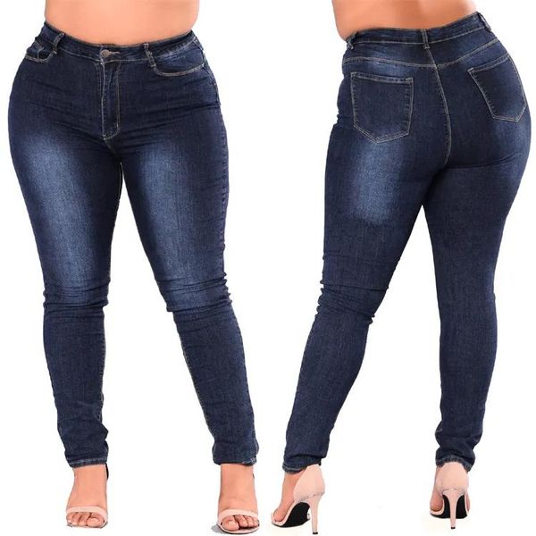 Calças de brim magros leggings mulheres calças de cintura alta feminino casual grande quintal lápis calças de brim finas azul escuro