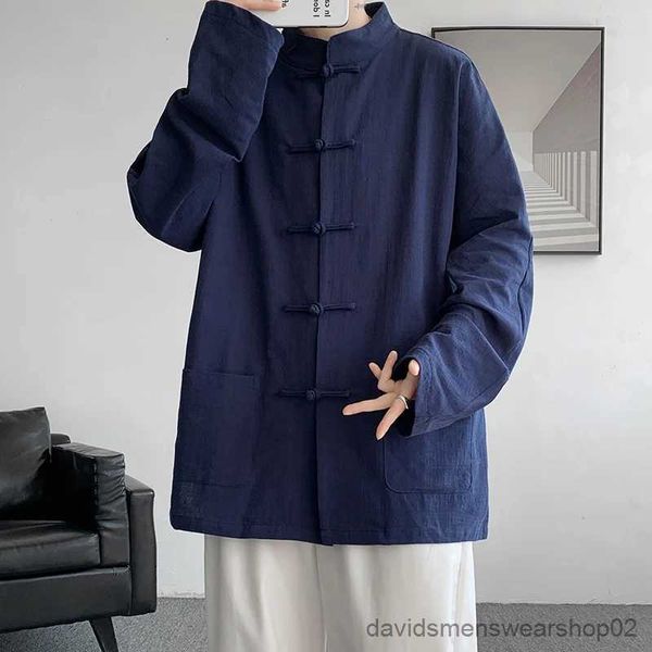 Camicie casual da uomo Camicia cinese in cotone e lino Abbigliamento tradizionale da uomo Tinta unita Casual Giacca vintage Comodo cappotto con linguetta orientale da uomo