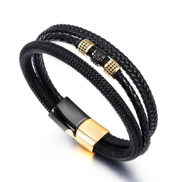 Bracciali Bracciali da uomo Filo di acciaio multistrato intrecciato Tendenza retrò Magnete Microintarsiato Zircone Bracciale in pelle Gioielli maschili