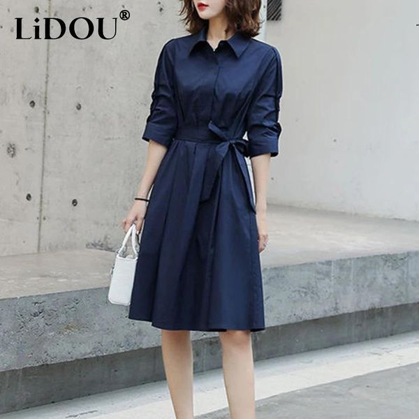 Vestido primavera outono sólido elegante moda chique vestido feminino meia manga estética casual vestidos de fiesta azul marinho coreano robe femme