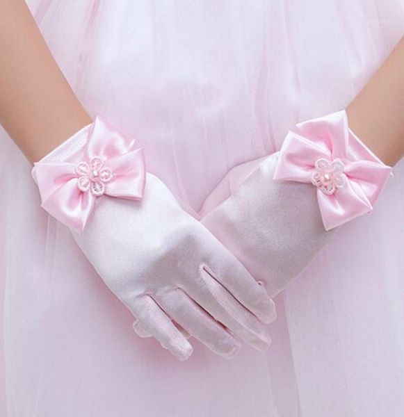 Cinque dita Guanti Lolita Anime Principessa rosa Bambini Ragazze Carino Raso Bowknot Polsini con perle Festa in scena Costume cosplay Po Sparare Prop7698666