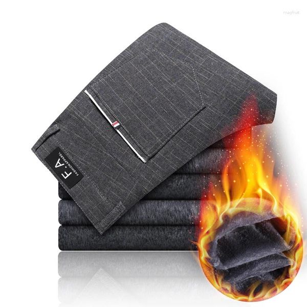 Calças masculinas inverno engrossar adicionar calças de lã clássico xadrez magro reto negócio casual terno